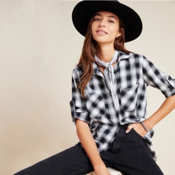 Cloth and Stone Split Back Button Down Plaid Top - Picture 1 of 10